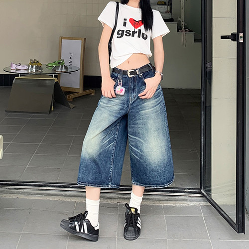 美式复古高腰直筒牛仔裤女七分裤