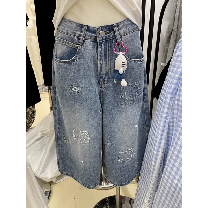 kitty头刺绣七分牛仔裤女秋冬秋季2025宽松设计感直筒裤五分短裤