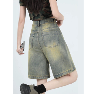 五分裤 做旧复古牛仔短裤 高腰宽松直筒阔腿中裤 秋冬2026新款 女春季