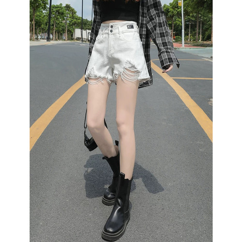 白色高腰牛仔短裤女a字毛边热裤