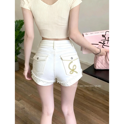 美式辣妹杏色米白牛仔短裤女