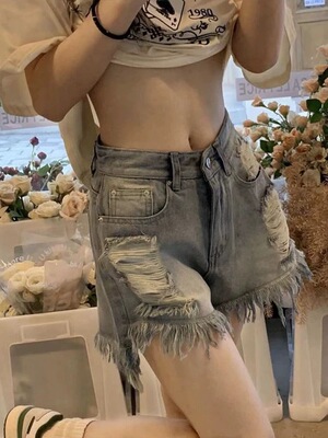 a字热裤子做旧破洞牛仔短裤女