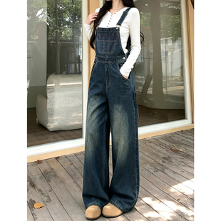 乔乔美式阔腿牛仔背带裤女秋季秋冬2026新款高腰宽松休闲连体裤子