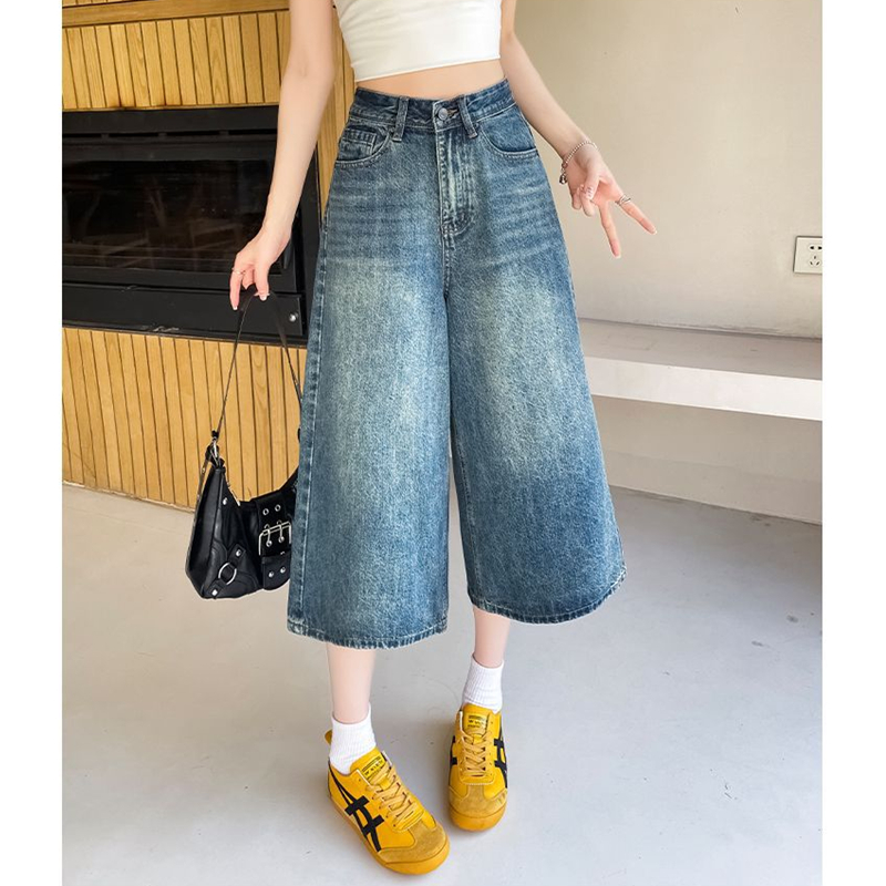 阔腿七分牛仔裤女松弛感慵懒风