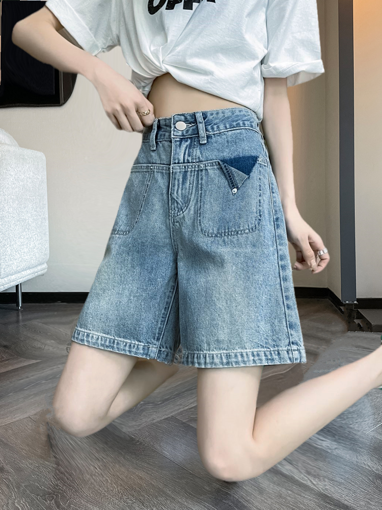 浅蓝色牛仔裤女直筒五分裤短裤