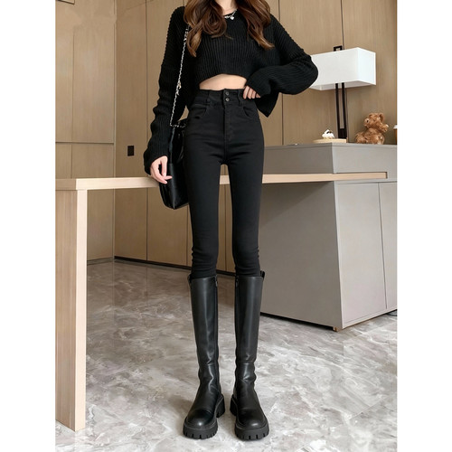 黑色高腰小脚牛仔裤女铅笔靴子裤
