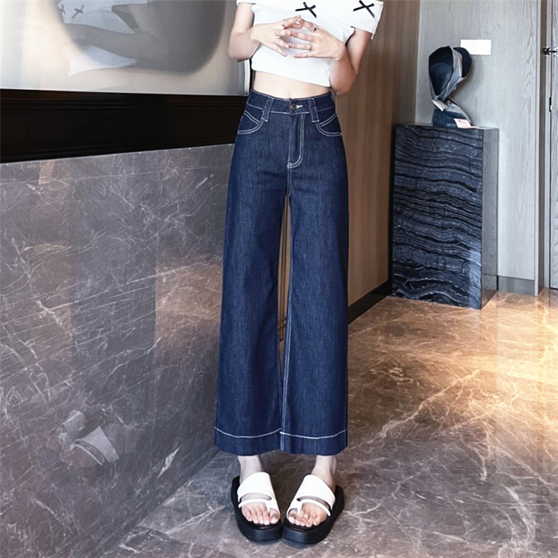 深蓝色直筒牛仔裤女薄款夏季2025新款宽松阔腿小个子九分奶奶裤