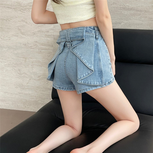 漫画少女高腰显瘦热裤 好驾驭淡蓝立体蝴蝶结牛仔短裤 2025秋冬秋季