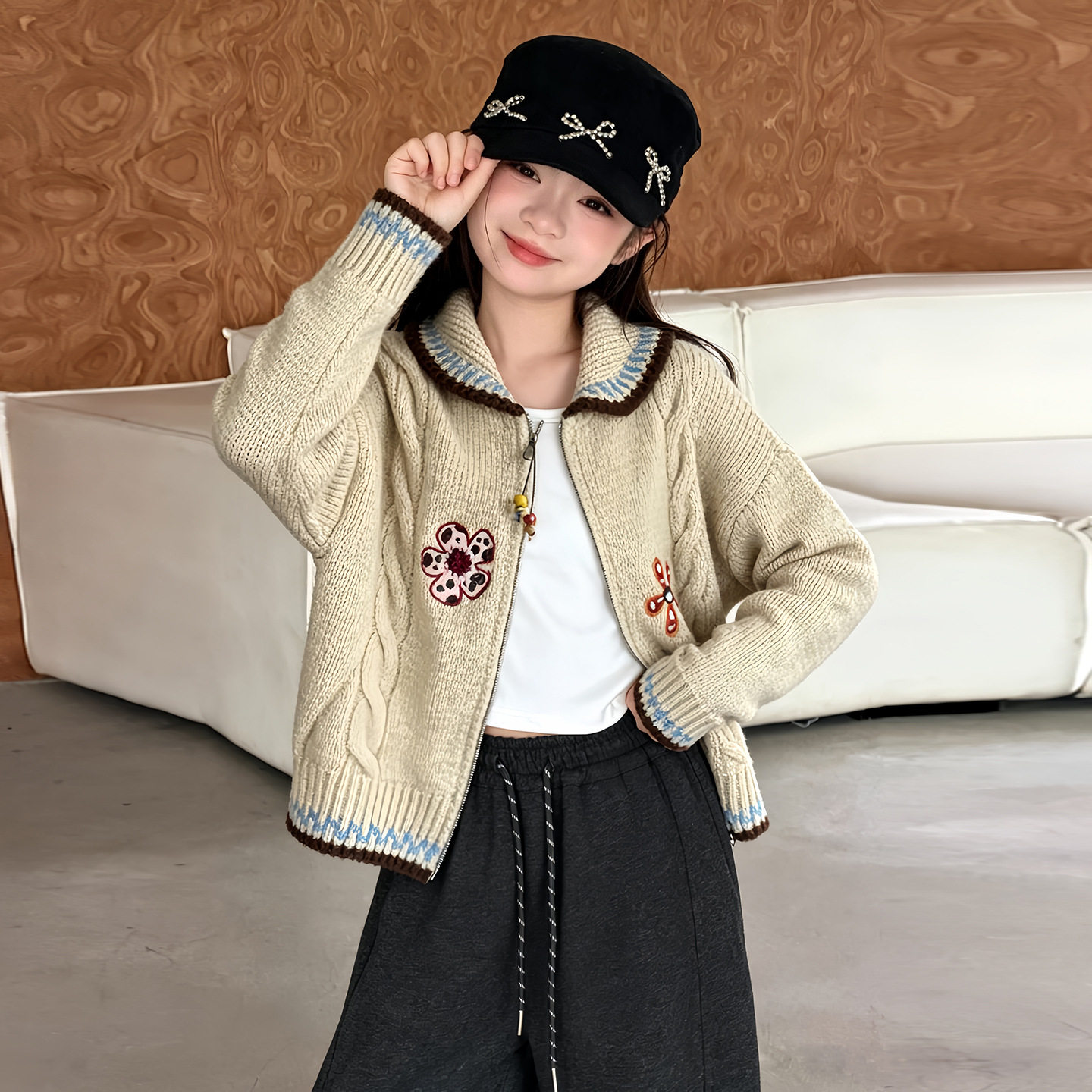 女大童秋季翻领针织开衫外套