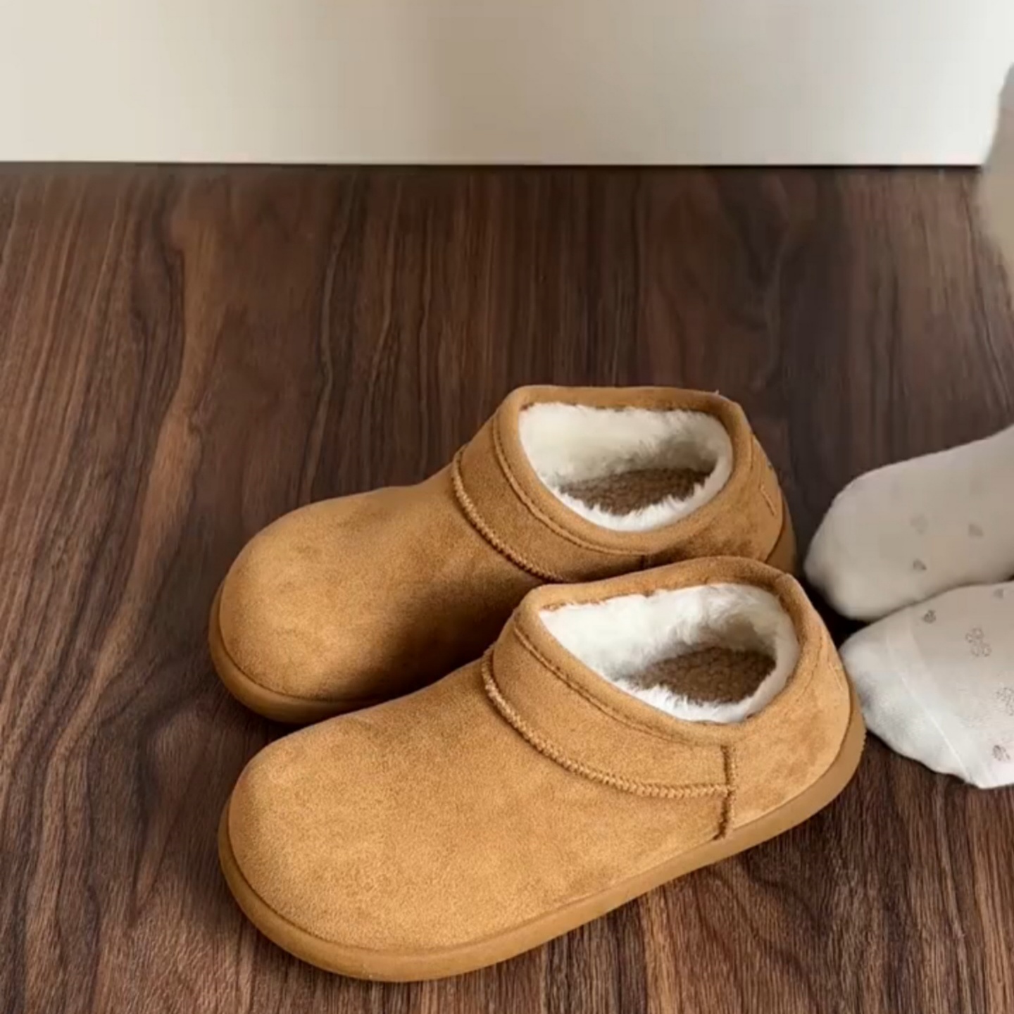 羊皮版~真皮圆头一脚蹬雪地靴女休闲厚底毛毛勃肯鞋保暖加绒棉鞋