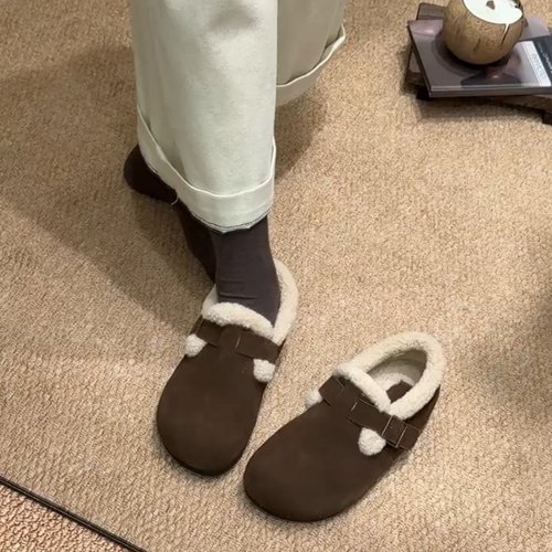 羊皮版~小个子百搭内增高毛毛鞋勃肯鞋加绒保暖棉鞋单鞋软底女鞋