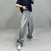 男宽松直筒阔腿长裤 大风车春夏薄款 设计感复古扎染水洗蓝色牛仔裤