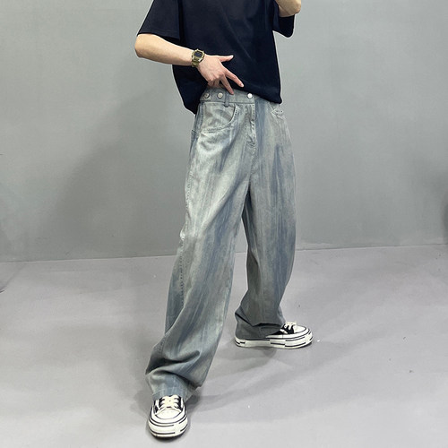 春夏薄款复古扎染宽松直筒牛仔裤