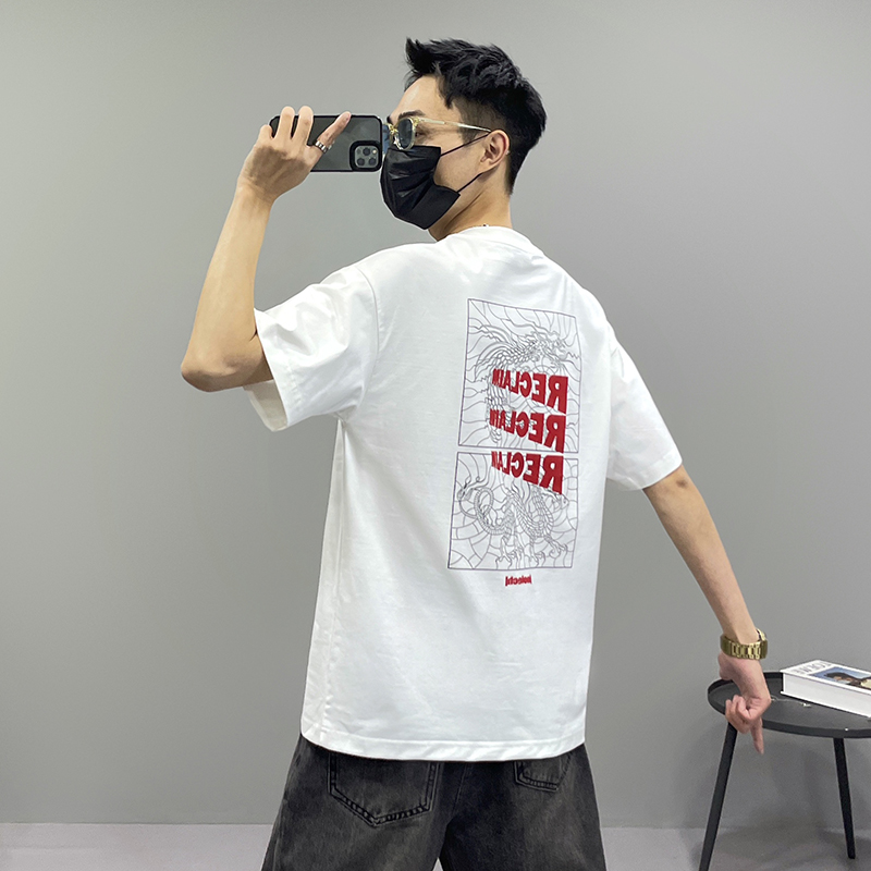 大风车夏季国潮字母龙图案印花圆领短袖T恤男休闲痞帅宽松半袖