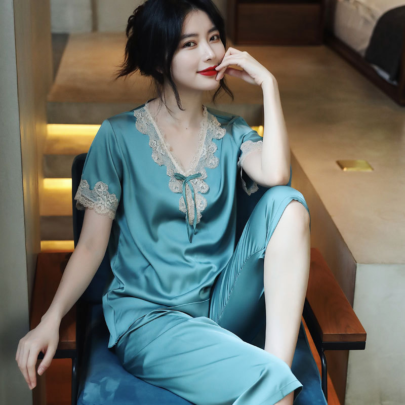 睡衣女夏季短袖两件套装丝绸
