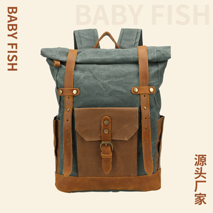 胡椒盐背包复古户外旅行双肩包过蜡帆布包配疯马皮大容量背包现货
