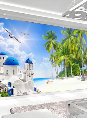 海景风景画背景墙欧式城堡壁纸壁画墙贴椰林地中海风格3D立体大海