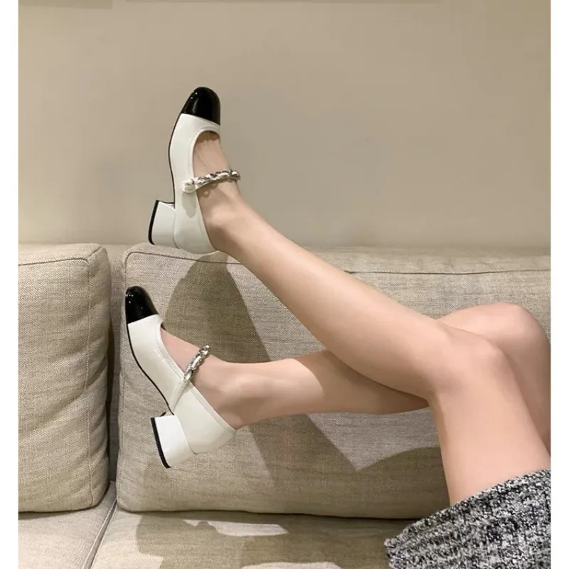 miu系小香风法式玛丽珍鞋女中跟2025新款黑白厚底粗跟单鞋小皮鞋