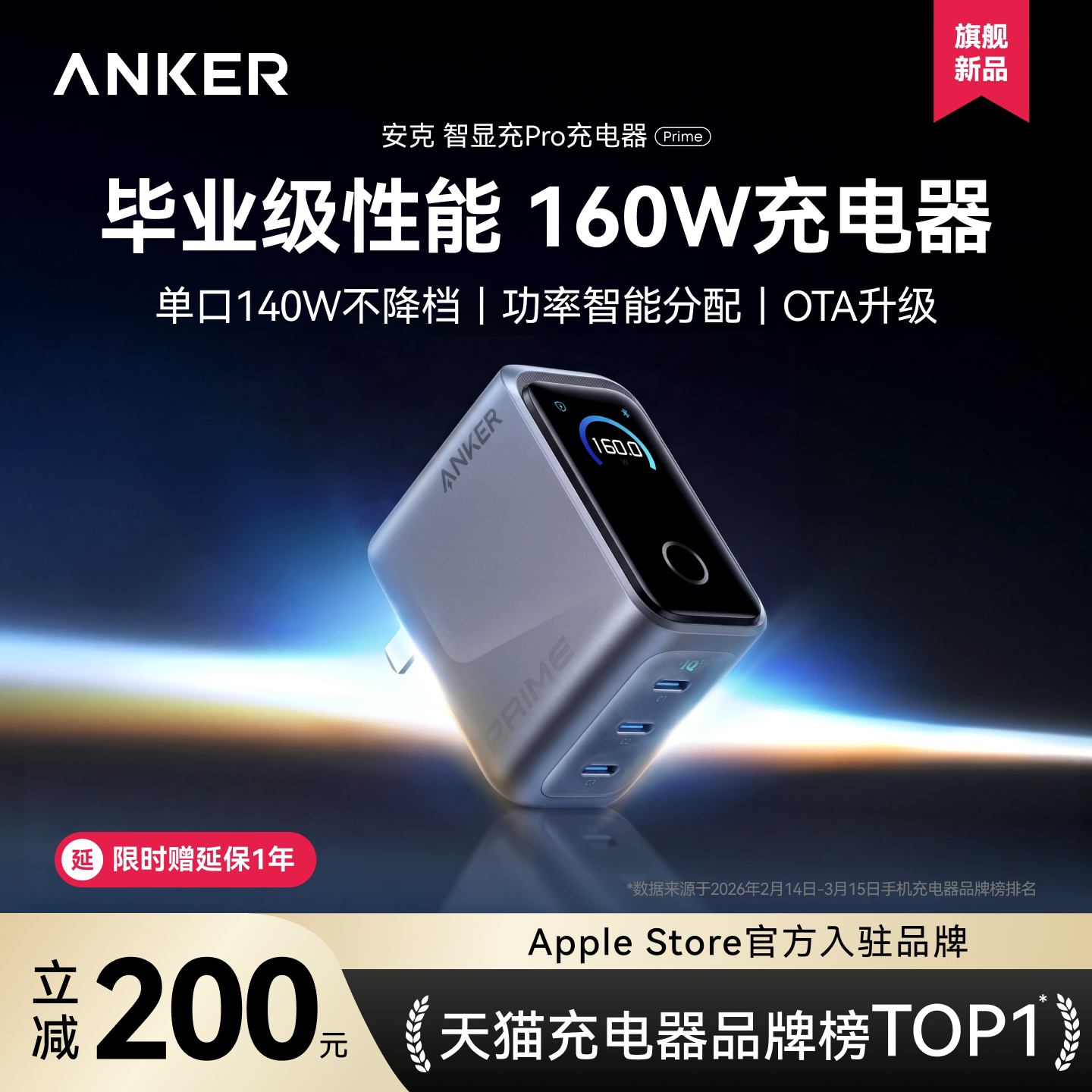 Anker Prime安克160W智显充Pro氮化镓充电头多口快充PD3.1适用苹果17华为小米MacBook笔记本平板通用充电器
