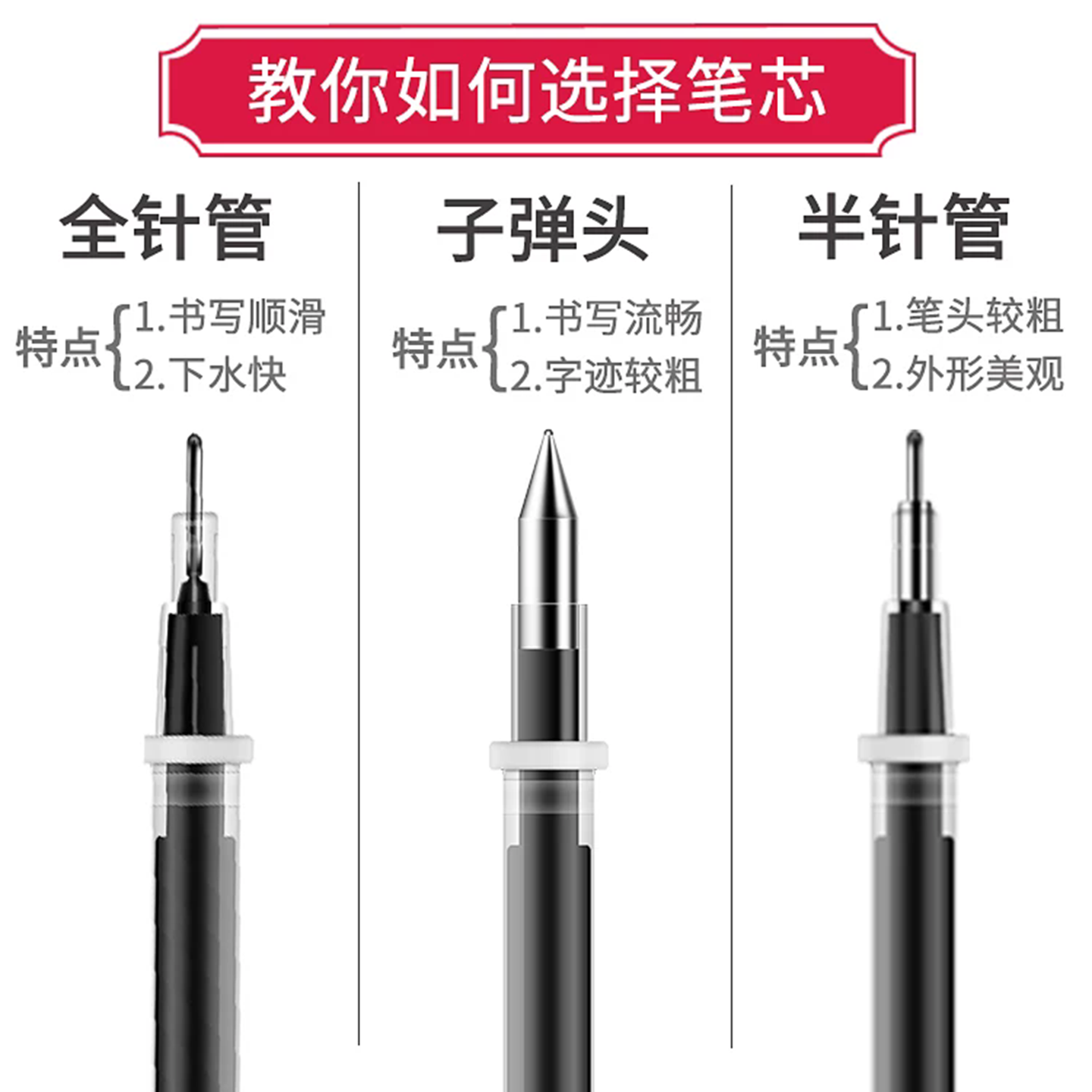 得力笔芯0.5黑色中性笔芯0.38mm按动笔芯全针半针管水笔笔芯按动中性笔芯子弹头红笔芯替芯黑笔芯碳素笔芯心