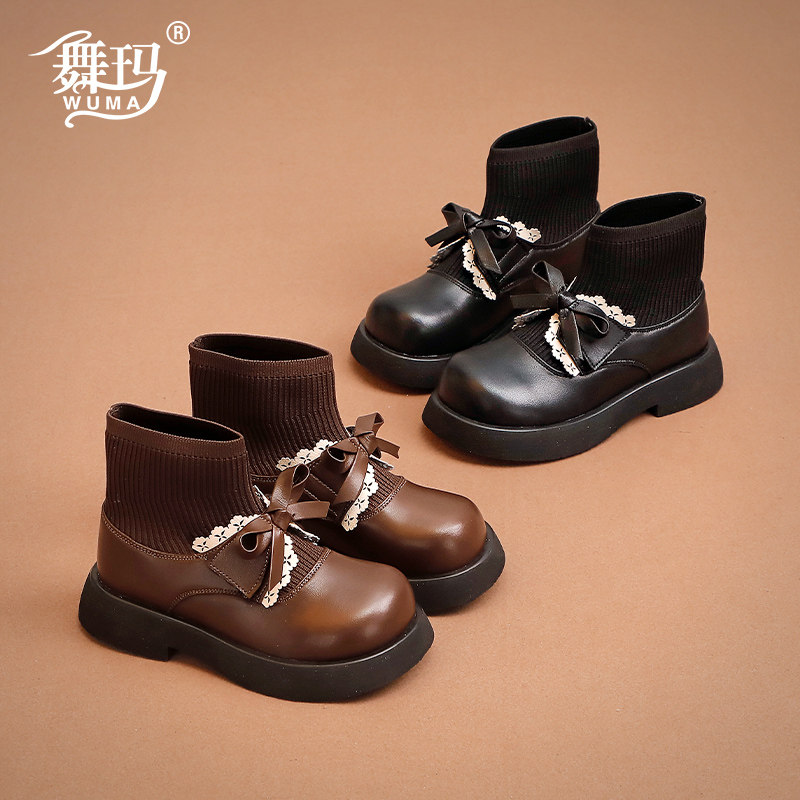 234281-2舞玛女童马丁靴儿童真皮袜口短靴子2025新款秋冬季加绒