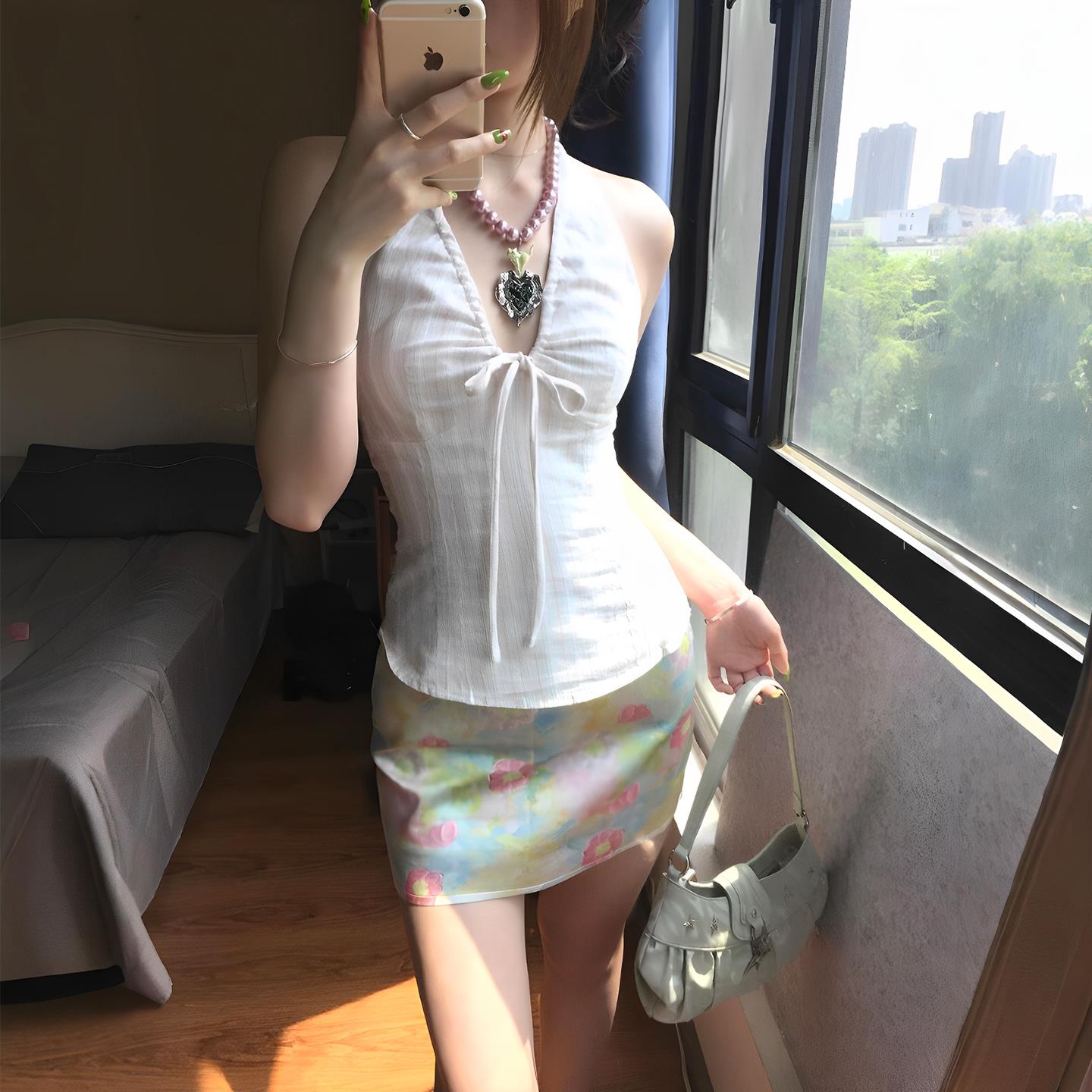 超漂亮绝美短裙自带安全裤a字裙梨型身材胖mm夏日碎花油画半身裙