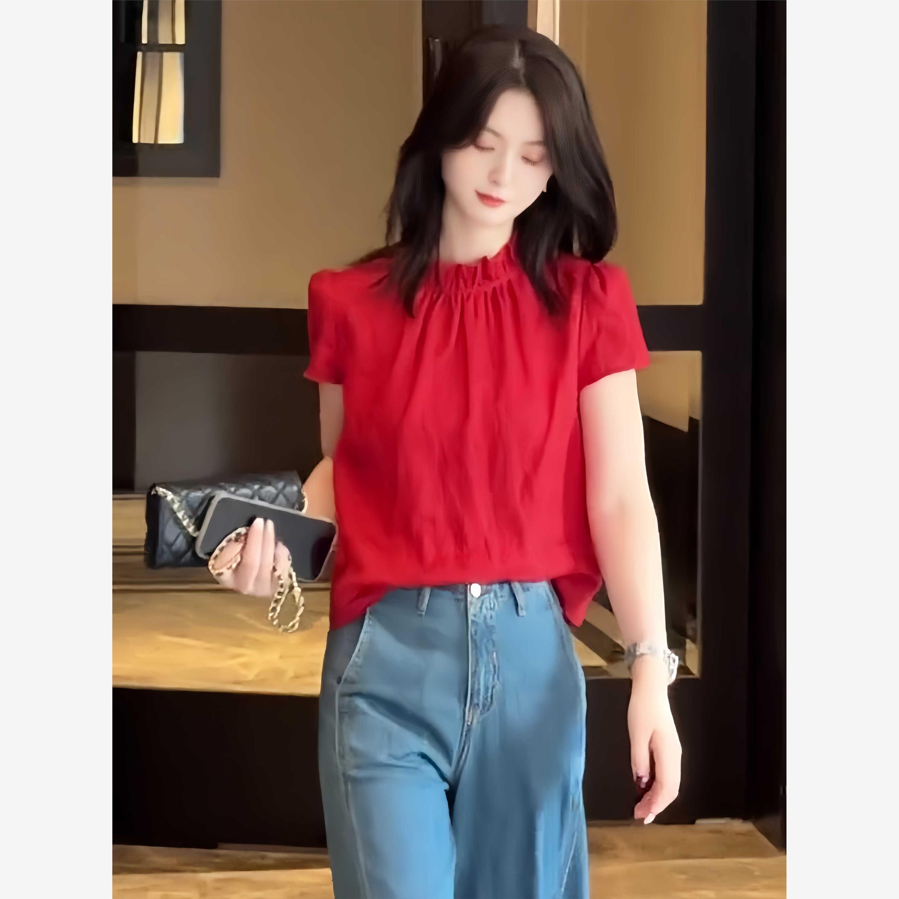 法式红色衬衫女士夏季202