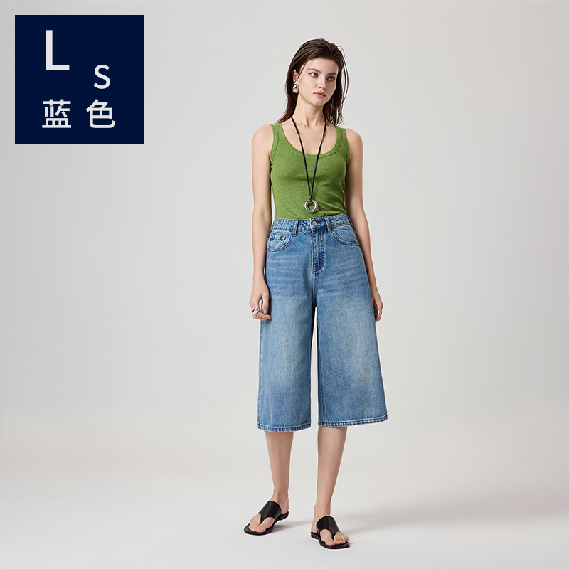 Ls蓝色92071七分阔腿牛仔裤女复古高腰短裤宽松显瘦休闲百搭中裤