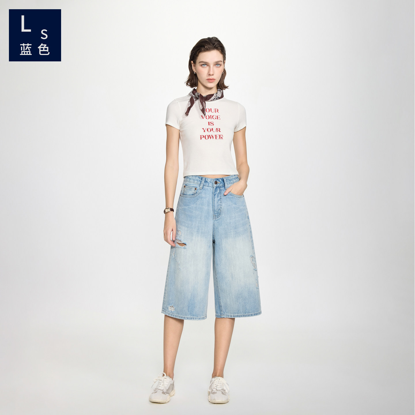 Ls蓝色9522女士破洞七分裤2026夏棉质宽松休闲显瘦阔腿牛仔裤短裤