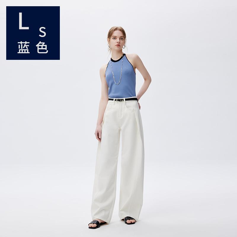 Ls蓝色3099象牙白牛仔裤女士阔腿折叠显瘦长裤高腰宽松直筒拖地裤图片