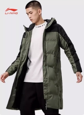 李宁棉服冬男长款过膝加厚保暖防风外套连帽防泼水棉衣AFMR461