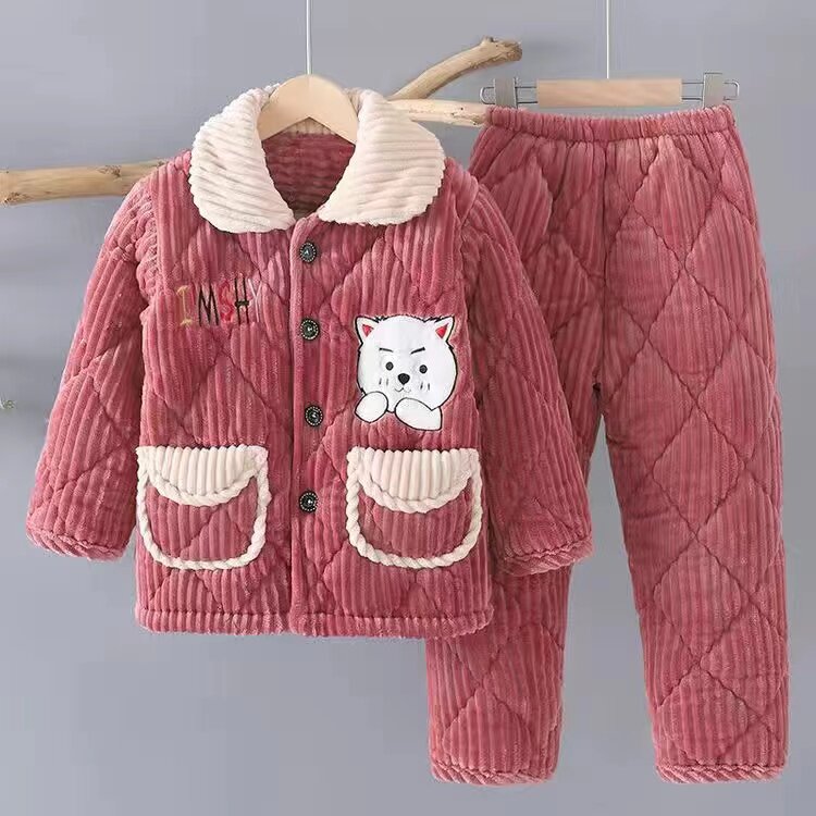 儿童珊瑚绒睡衣冬季男孩三层夹棉加厚款套装男童女童法兰绒家居服