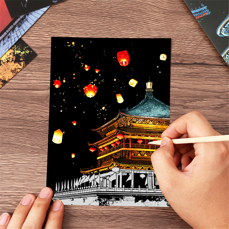 A5夜景刮刮画国内建筑刮画明信片