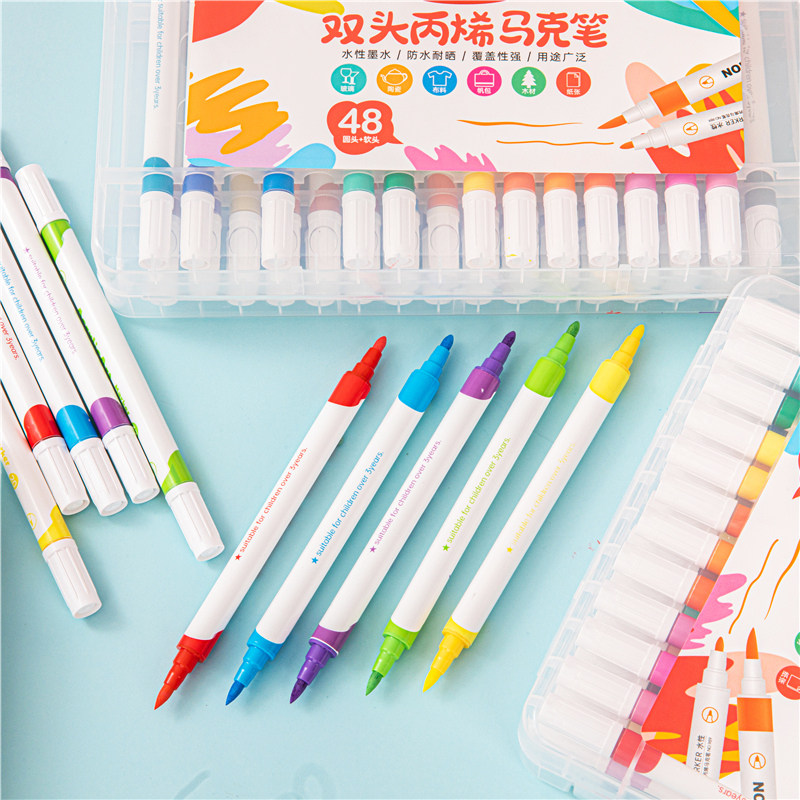 双头丙烯马克笔软头不透色丙烯笔12色48色手绘涂色绘画专用彩色笔