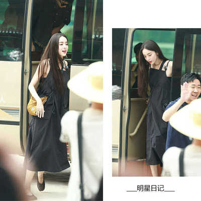 古力娜扎同款黑色纯色可调节抽绳收腰设计吊带连衣裙女