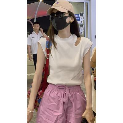古力娜扎明星同款法式镂空短袖上衣纯色休闲女裤子套装百搭两件套