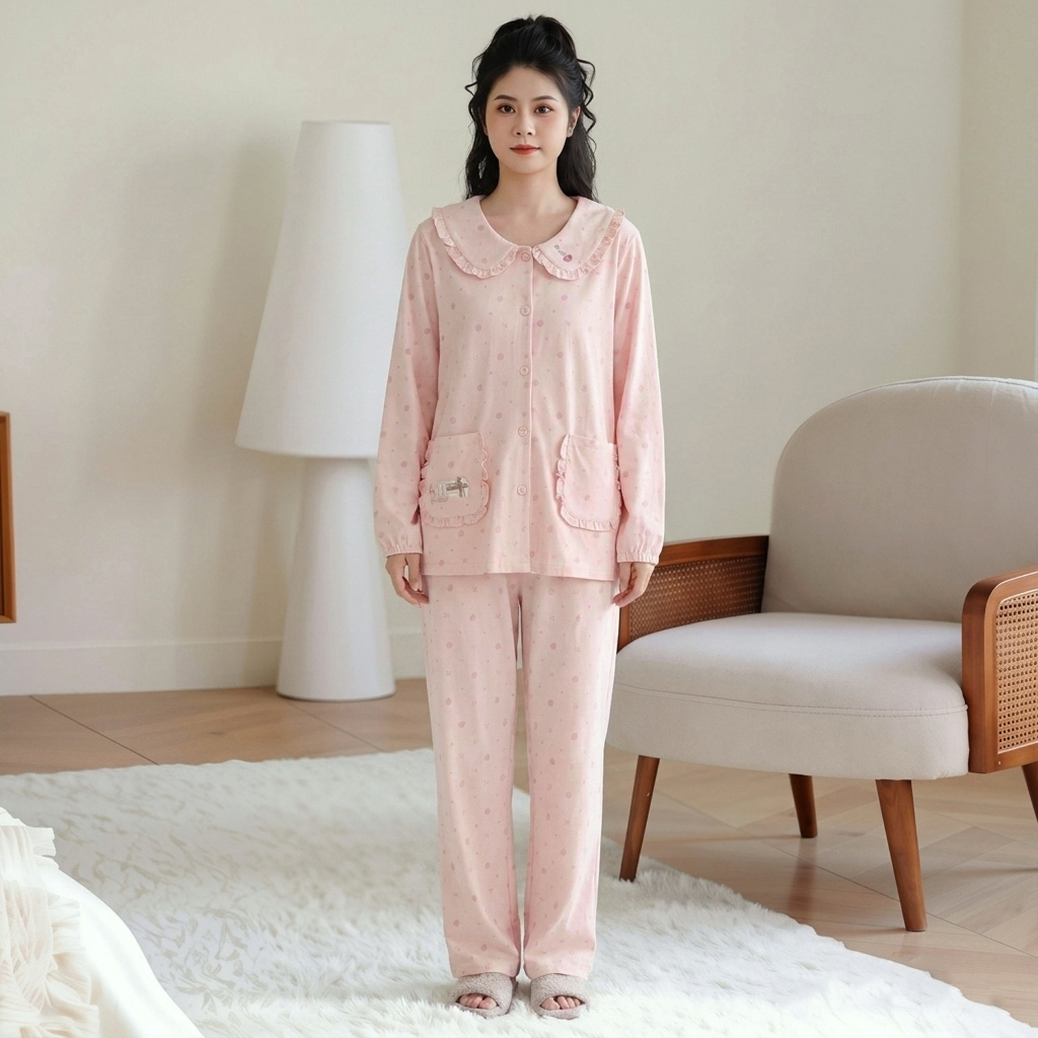 纯棉长袖娃娃领花边长裤家居服女