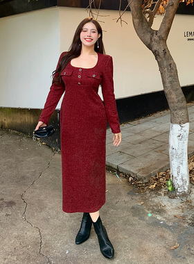 大码女装高级感气质红色收腰打底连衣裙法式复古长裙胖mm加肥1976