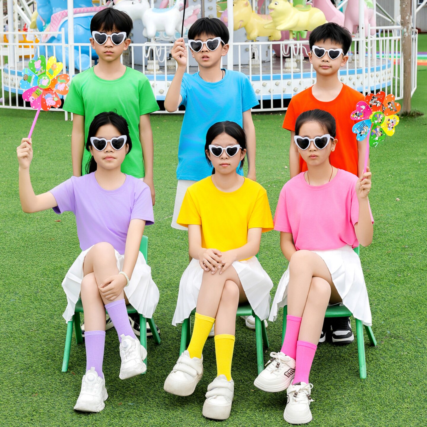 儿童彩色t恤多巴胺小学生幼儿园演出糖果色短袖班服运动会表演服