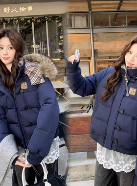 冬季大毛领短款棉服女复古格纹内里纽扣设计小个子保暖棉衣外套女