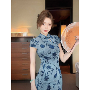 年輕女彈力修身 顯瘦復古氣質國風日常 夏季 高級植絨旗袍2025年新款