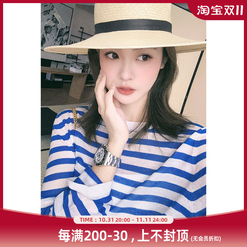 美洋MEIYANG【现货】海岸线针织衫 棉麻清爽条纹圆领长袖防晒衫