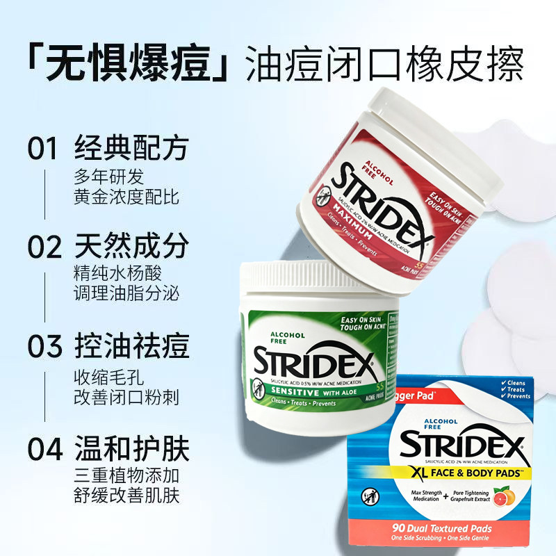 美国Stridex水杨酸湿敷棉片祛痘痘去闭口粉刺黑头清洁收缩毛孔