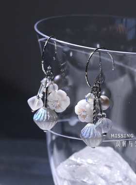限量【小寒梅】Missing原创银灰蚀刻春日白梅纯银短款耳饰耳夹