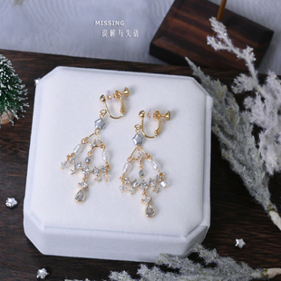 Missing原创银色圣诞树镂空锆石珍珠新年耳饰耳夹 雪松礼赞