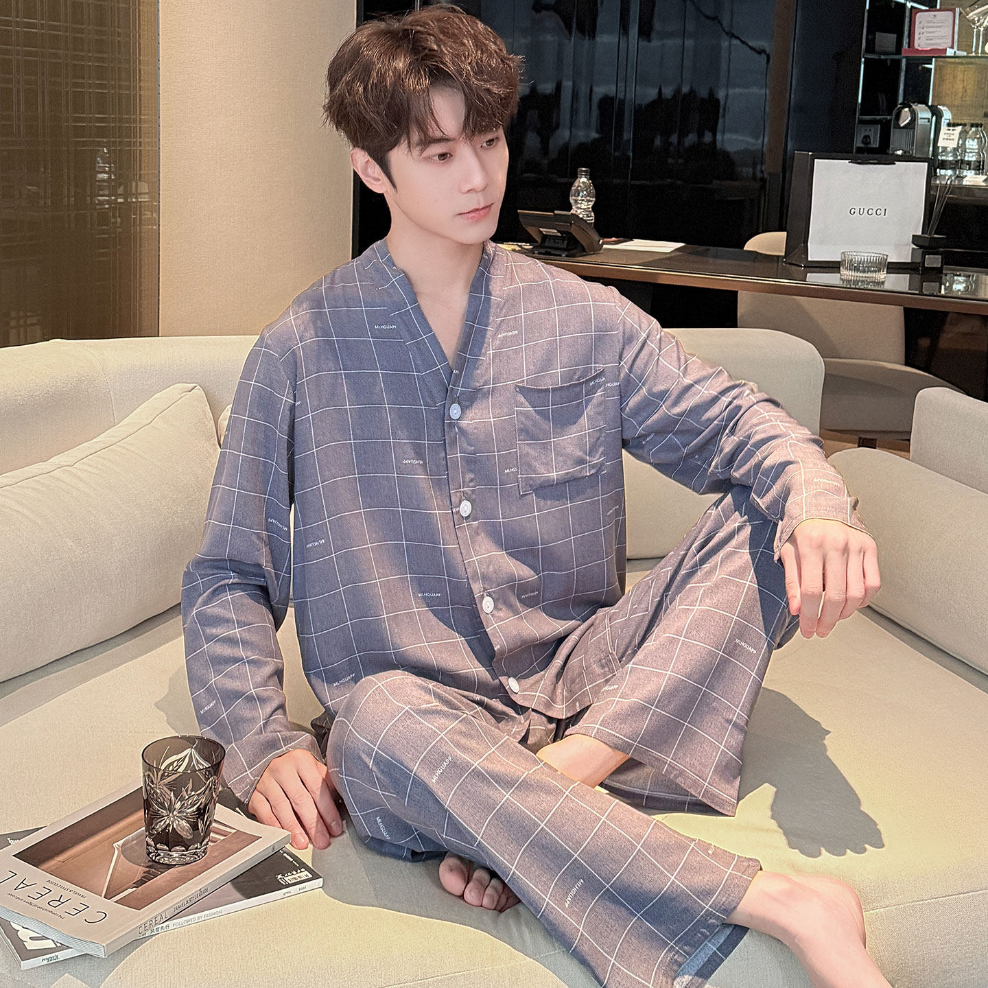 长袖睡衣男春夏季薄款棉绸套装中老年男人开衫长袖外穿家居服夏天