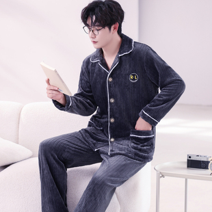 外穿家居服春秋季 中老年加肥加大码 加厚加绒法兰绒套装 睡衣男冬季