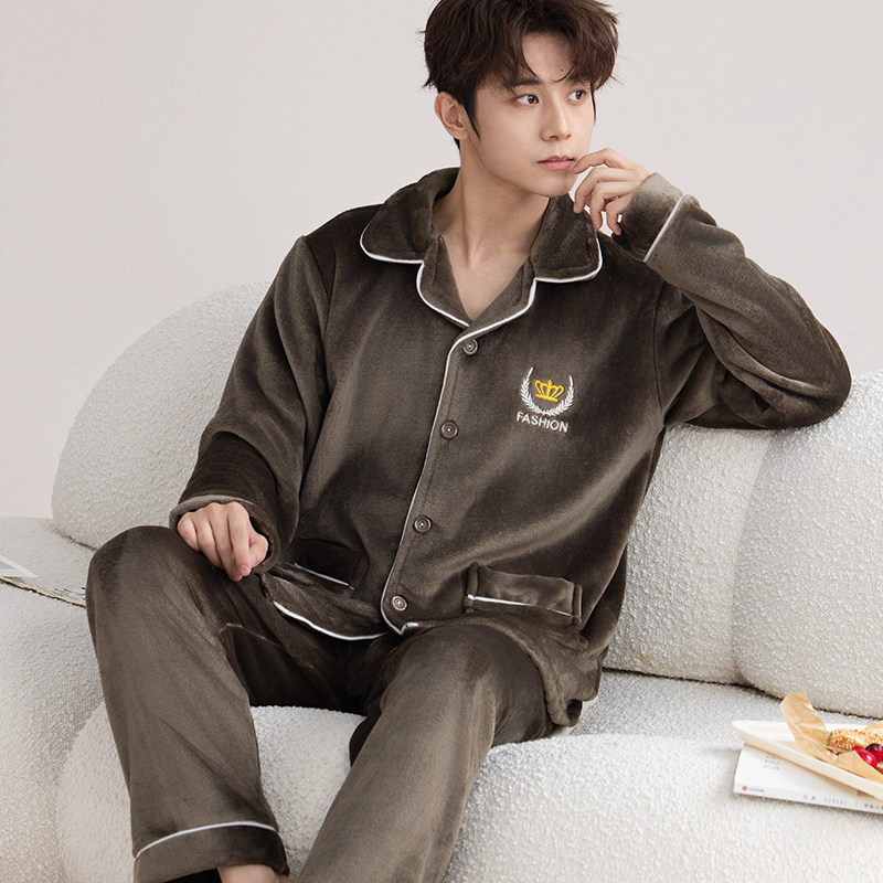 法兰绒睡衣男士冬季长袖加绒保暖内衣套装中老年男人外穿睡衣冬天