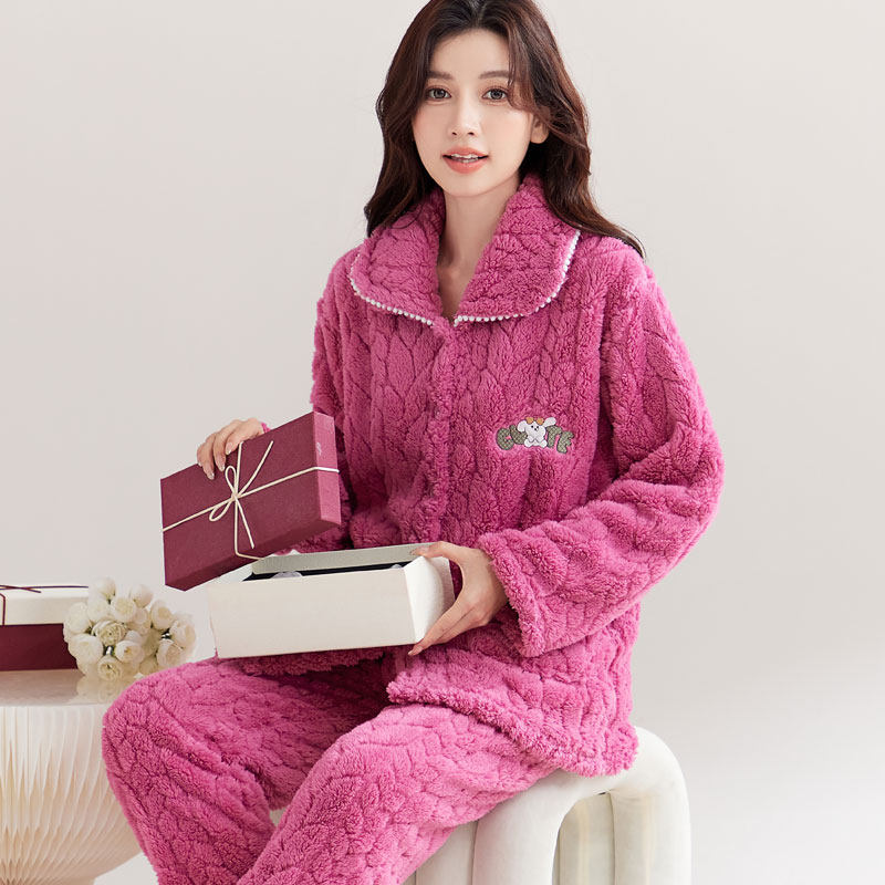 中老年睡衣秋女冬季加厚加绒珊瑚绒家居服套装女式开衫睡衣春秋季