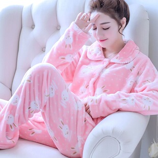 珊瑚绒睡衣女秋冬季加厚加绒双面绒保暖家居服内衣中老年女人睡衣